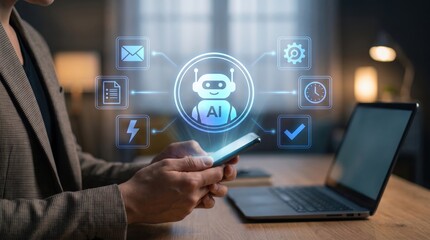Fototapeta premium Professional Close Up of Entrepreneur Holding Smartphone with AI Chatbot Interface Featuring Digital Productivity Workflow, Smart Business Automation, Intelligent Communication Management