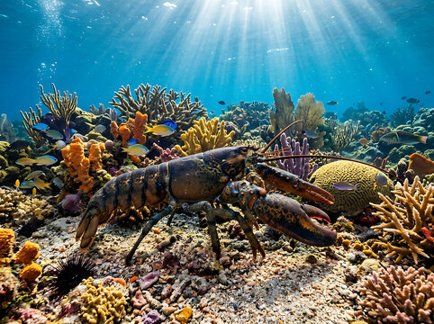 Lobster walking on the vibrant ocean floor surrounded by a colorful coral reef in clear blue water