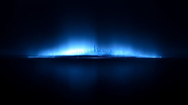 Futuristic blue glowing city skyline horizon digital art backdrop, sci-fi metropolitan twilight cityscape light overlay