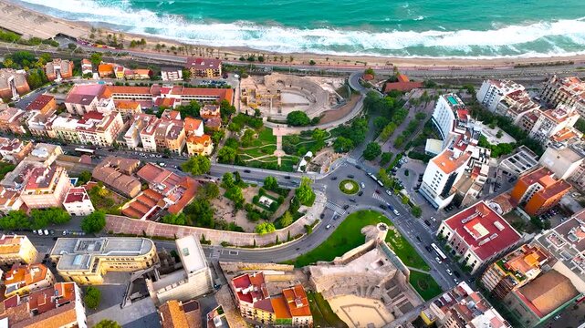 Aerial view of the Primatial Cathedral of Tarragona, a Roman Catholic church in Tarragona, Catalonia, Spain