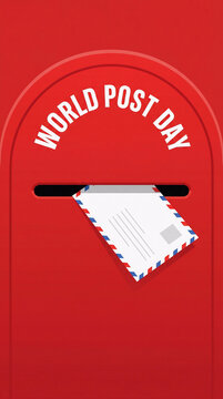 Flat vector illustration of a red mailbox with an airmail letter being inserted, celebrating World Post Day. Text included.