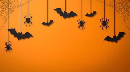 Naklejka premium Black paper cutouts of flying bats and creepy spiders hanging from strings against a bright vibrant orange halloween themed background