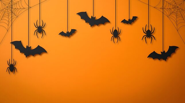 Black paper cutouts of flying bats and creepy spiders hanging from strings against a bright vibrant orange halloween themed background