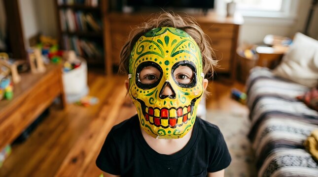 Young boy wearing a vibrant yellow sugar skull mask during a playful celebration inside a bright and cozy family home
