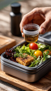 Hand adding dressing to a balanced vegetarian bento box for healthy office lunch, promoting mindful eating, freshness, nutrient rich meals, and sustainable food choices