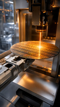Realistic shot inside a sterile semiconductor cleanroom with an automated robotic arm holding a golden silicon wafer under a scanning laser beam.