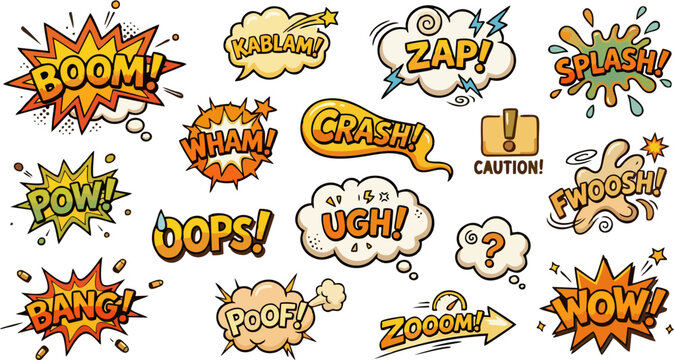 Comic Book Sound Effect Stickers Collection with Boom Pow Wow Zap Crash Bang Speech Bubbles Set