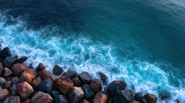 Aerial view of ocean waves crashing against coastal rocks