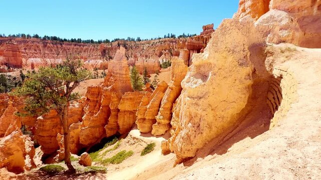 A smooth cinematic low angle shot panning across unique red rock spires resembling chess pieces or statues in Bryce Canyon, Utah. Scenic hiking trails and rare pine trees under a clear blue sky.