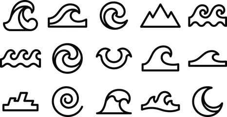 Set of ocean wave icons in a minimalist black and white vector line art style for water themes © JG CREATIVES
