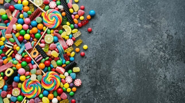 Halloween candy assortment vibrant sweets for trick or treat parties and festive celebrations top view