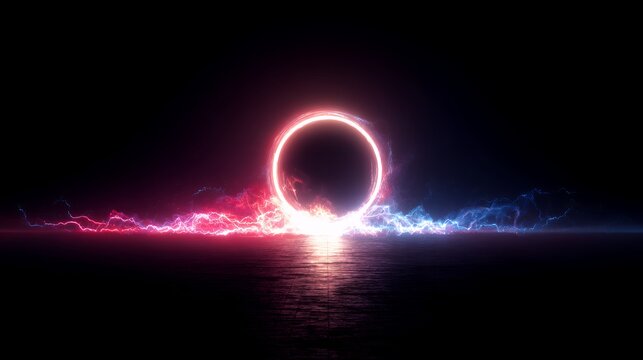 Glowing neon circle on reflective floor with red and blue electric lightning plasma sparks dark futuristic abstract background