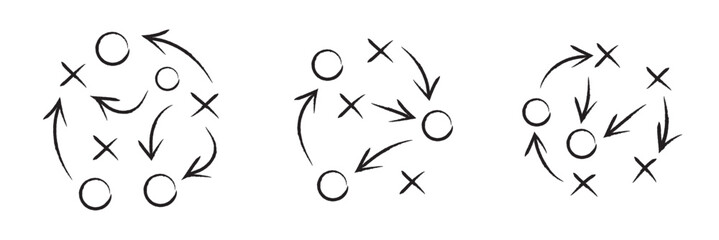Hand-drawn strategy game plan diagram with X and O symbols for football, basketball, handball, sketched black marker. Game plan, football tactics icon set, scheme play, strategy. © Hike Studio 5