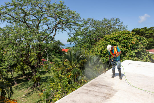 Worker cleaning roof with eco-friendly tools