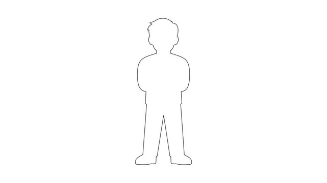 Animated line drawing of young boy standing in formal clothes on white screen footage.