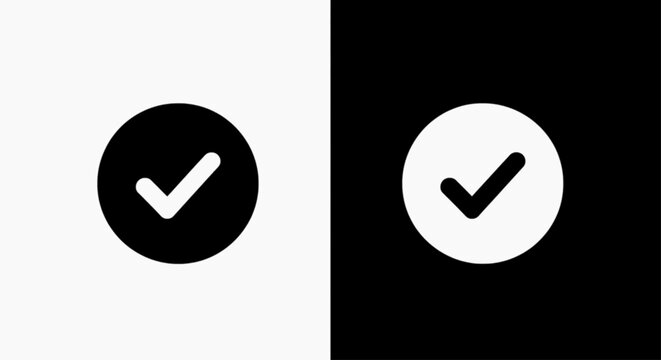 Minimal black silhouette icon, simple flat vector, bold black shape, no gradients, no shading check mark icon set, black and white tick symbols in circles on a, flat icon style