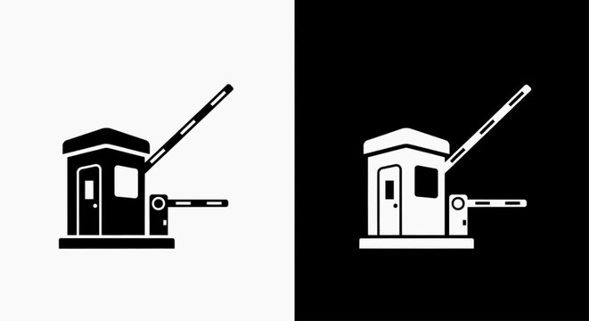 Minimal black silhouette icon, simple flat vector, bold black shape, no gradients, no shading security booth with barrier gate icon on a, flat icon style