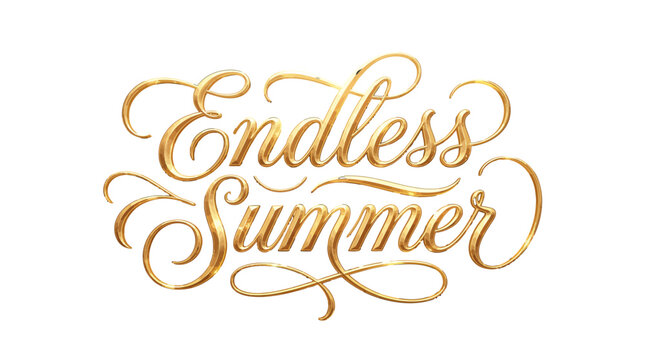 Golden sunlight typography featuring the words Endless Summer in elegant 3D cursive script with metallic shine and decorative flourishes for seasonal design. isolated on a white background