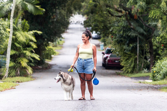 Woman walking husky on quiet tropical suburban street