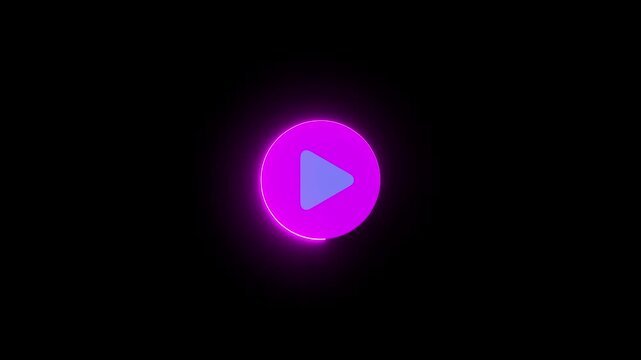 Neon play button icon animation with glowing purple and cyan light on black background, futuristic media player symbol.