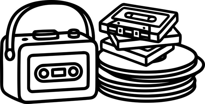 Retro cassette player with stack of tapes and vinyl records, vintage music concept