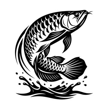 A large fish jumps out of water with scales and fins visible.