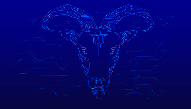 Vector the Goat zodiac design with futuristic blue symbolic lines. Chinese New Year 2027.
