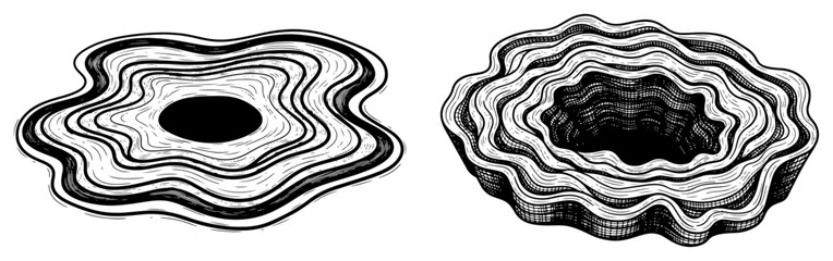 Concentric layered rings representing topographic craters or organic pools in vintage engraving style © Wera
