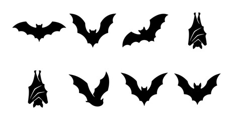 Fototapeta premium Halloween Bat Silhouettes, Flying and Hanging Vector Icons Set, Spooky Night Creatures Graphic Elements