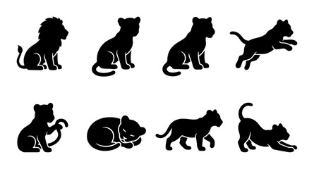 Fototapeta premium Lion Cub Silhouette Collection, Cute Feline Poses Vector Set, Wildlife Animal Icons