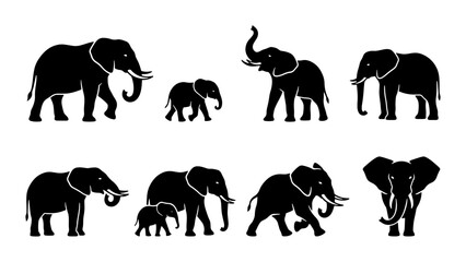 Silhouette Elephant Collection, African Wildlife Icons, Majestic Mammal Vector Art, Baby Elephant Family © Akhi