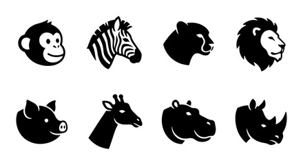 African Wildlife Icons Set: Lion, Zebra, Monkey, Bear, Pig, Giraffe, Hippo, Rhino Vector Graphics © Akhi