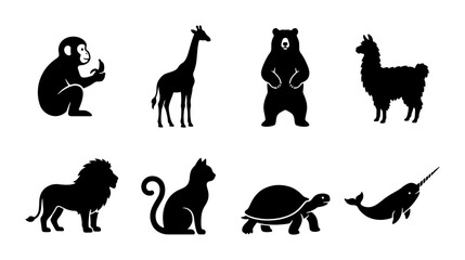 Set of 8 Animal Silhouettes, Wildlife Icons, Zoo Creatures, Mammals, Marine Life, Vector Graphics © Akhi
