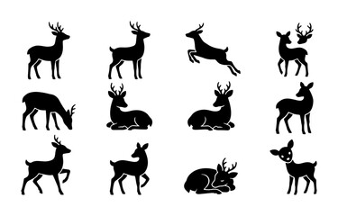Fototapeta premium Deer Silhouette Collection, Forest Wildlife Vector Icons, Majestic Animals Set, Nature Graphics