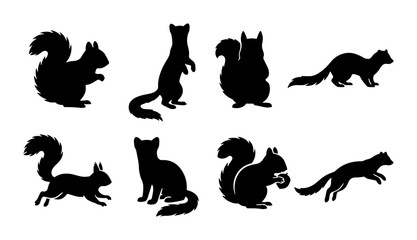 Obraz premium Squirrel and Weasel Silhouettes, Wild Forest Animals Vector Icons, Nature Wildlife Collection