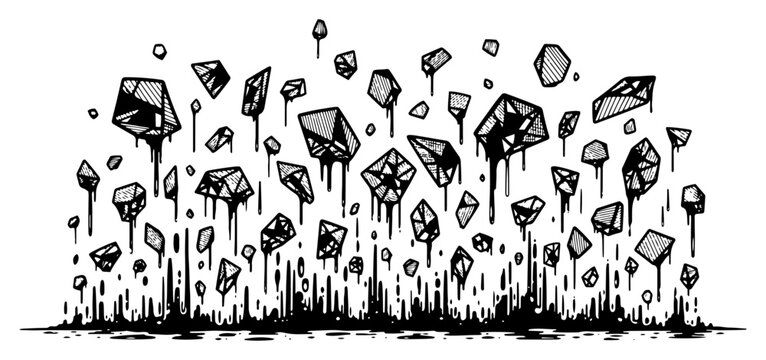 Floating crystal stones dripping liquid in woodcut engraving style
