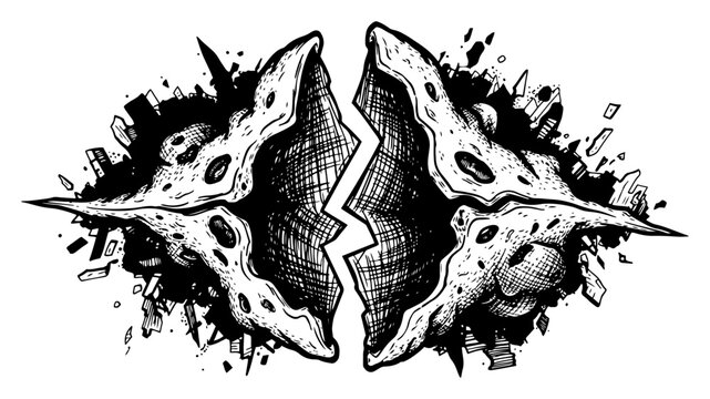 Broken planet asteroid split in two parts with explosion debris in vintage engraving style