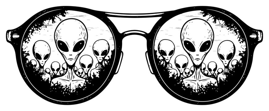 Sunglasses reflecting gray aliens and extraterrestrial beings in vintage engraving style