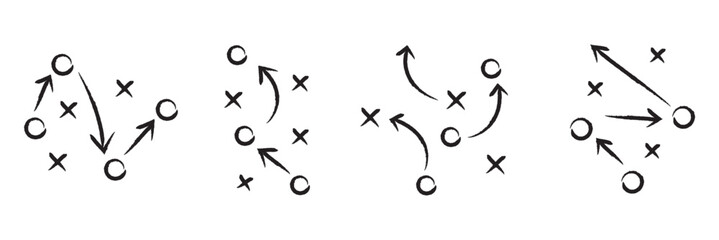 Hand, drawn strategy game plan for football basketball and handball with arrows X and O symbols, black marker sketch style vector. soccer tactics icon, game success strategy in football, scheme play. © Hike Studio 5