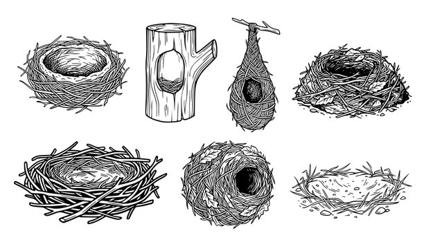 Bird Nest Collection with Eggs Hanging Nest and Tree Hollow Hand Drawn Nature Illustration Set