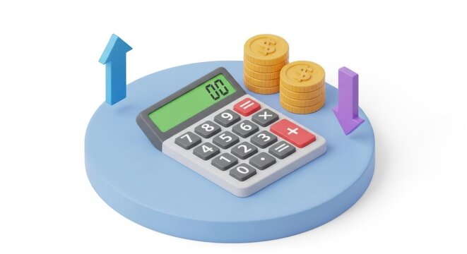 Calculator with coins and up and down arrows isolated on white background isolated on transparent background