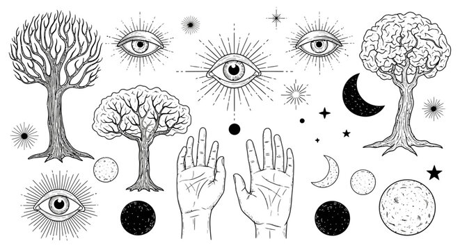 Hand-drawn set of mystic and magical elements including hamsa hands, evil eyes, celestial bodies, and ancient trees on an isolated white background.