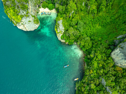 Aerial view of Koh-Tao lagoon with boats in summer