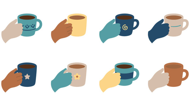 Hands holding coffee mugs and tea cups with colorful flat art design.