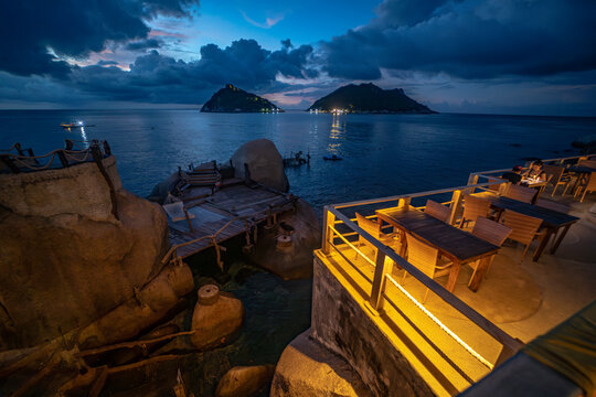 Twilight seaview terrace over Koh Tao bay, Thailand