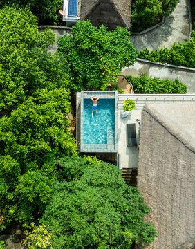 Aerial view of infinity pool villa in Koh Tao, Thailand