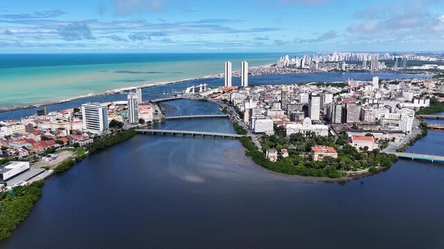 Riverfront Scene In Recife Pernambuco Brazil. Aerial View Of A River Surrounded By Lush Green Tropical Rainforest. Landmark Town. District Skyline. Recife Pernambuco.