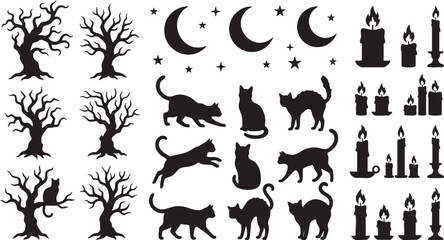 Fototapeta premium Spooky halloween silhouettes black cats bare trees crescent moons and flickering candles vector collection