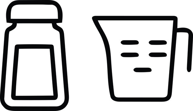 Black and white line art icons of a spice jar and measuring cup