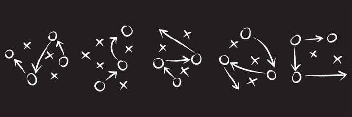 Football tactic board, hand drawn arrows crosses circles ink set. Sport strategy plan, game direction black white doodle. Team movement chart, play diagram collection. © Hike Studio 5